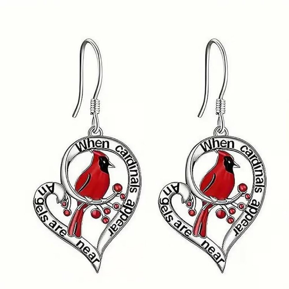 Silver Heart Shaped CARDINAL Dangle Earrings